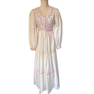 Vintage 70s Tiered Prairie Style Empire Dress Long Puff Sleeves Small